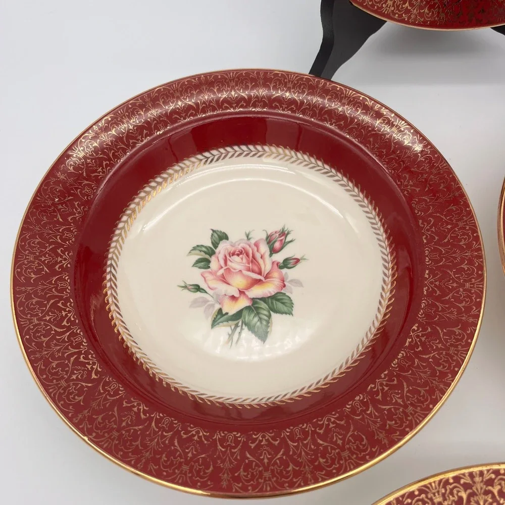 Homer Laughlin Lady Stratford Soup Bowl Set 4 Maroon Red Gold Rose Vintage